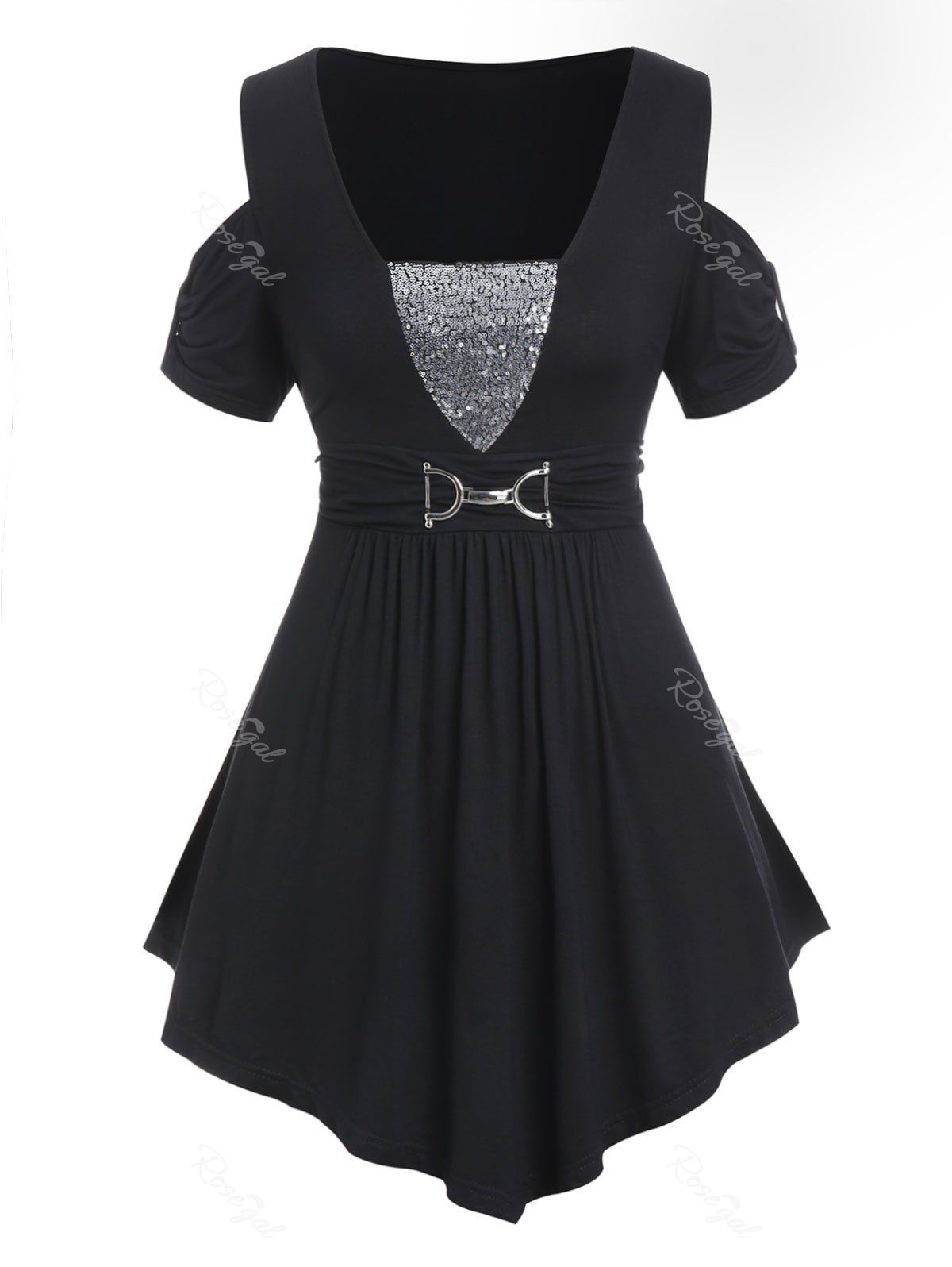 

Plus Size Glitter Open Shoulder Tunic T Shirt, Jet black