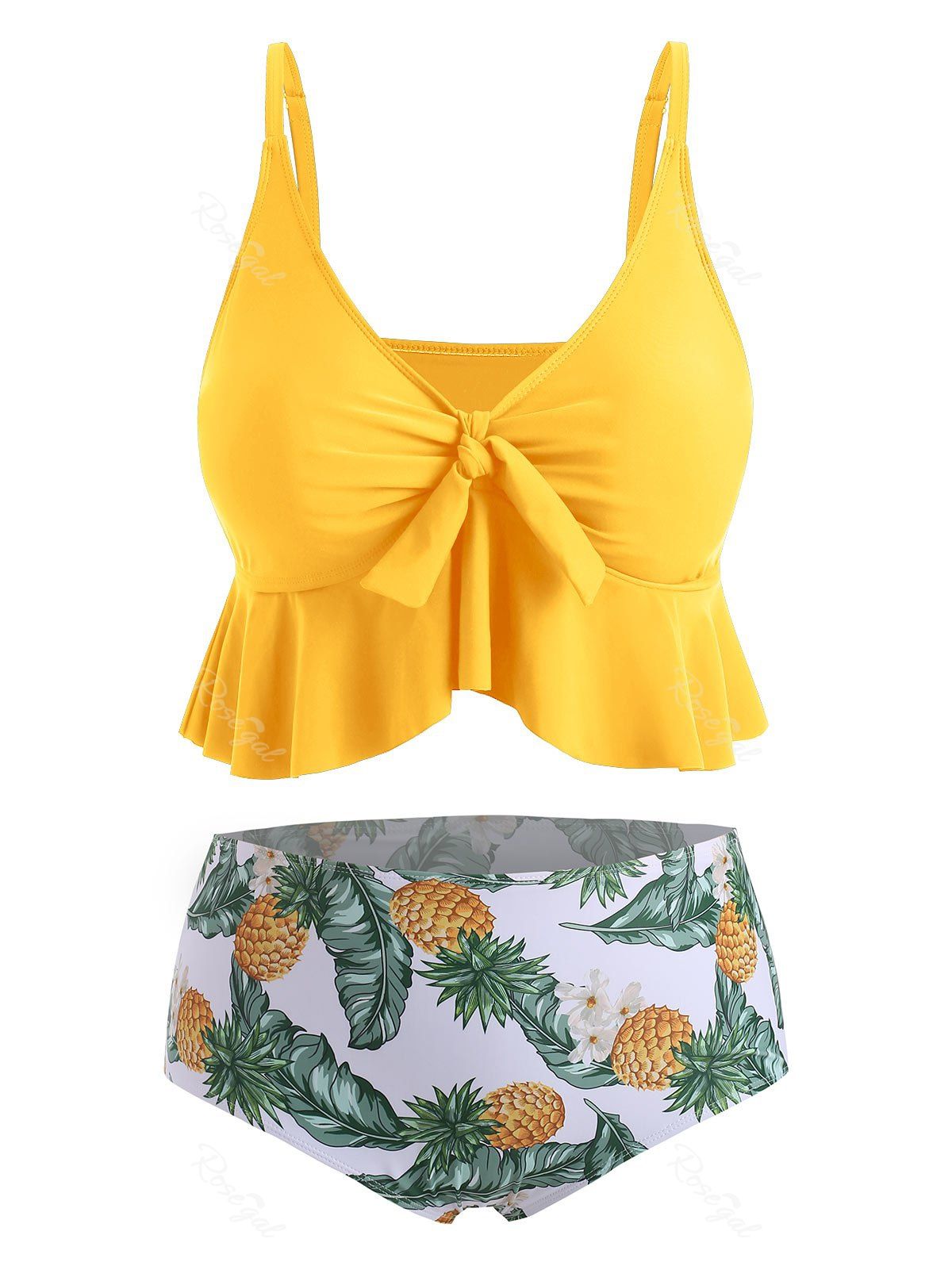 

Plus Size Scale Polka Dot Pineapple Floral Ruffle Bikini Set, Bright yellow