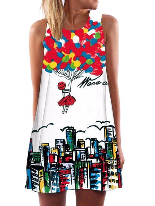 

Printed Sleeveless Mini Trapeze Dress, White