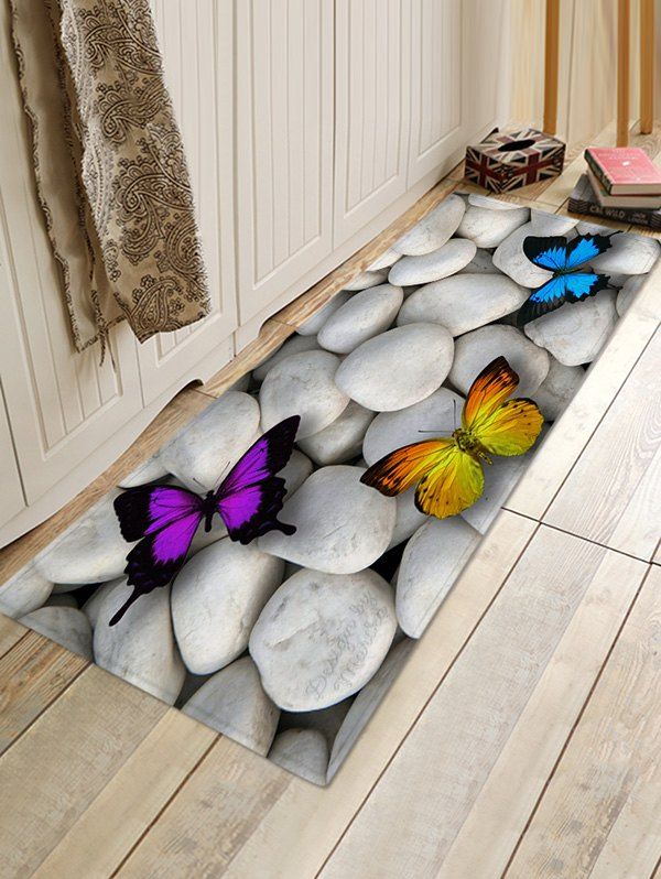 

Stones and Butterfly Pattern Water Absorption Area Rug, Ash gray