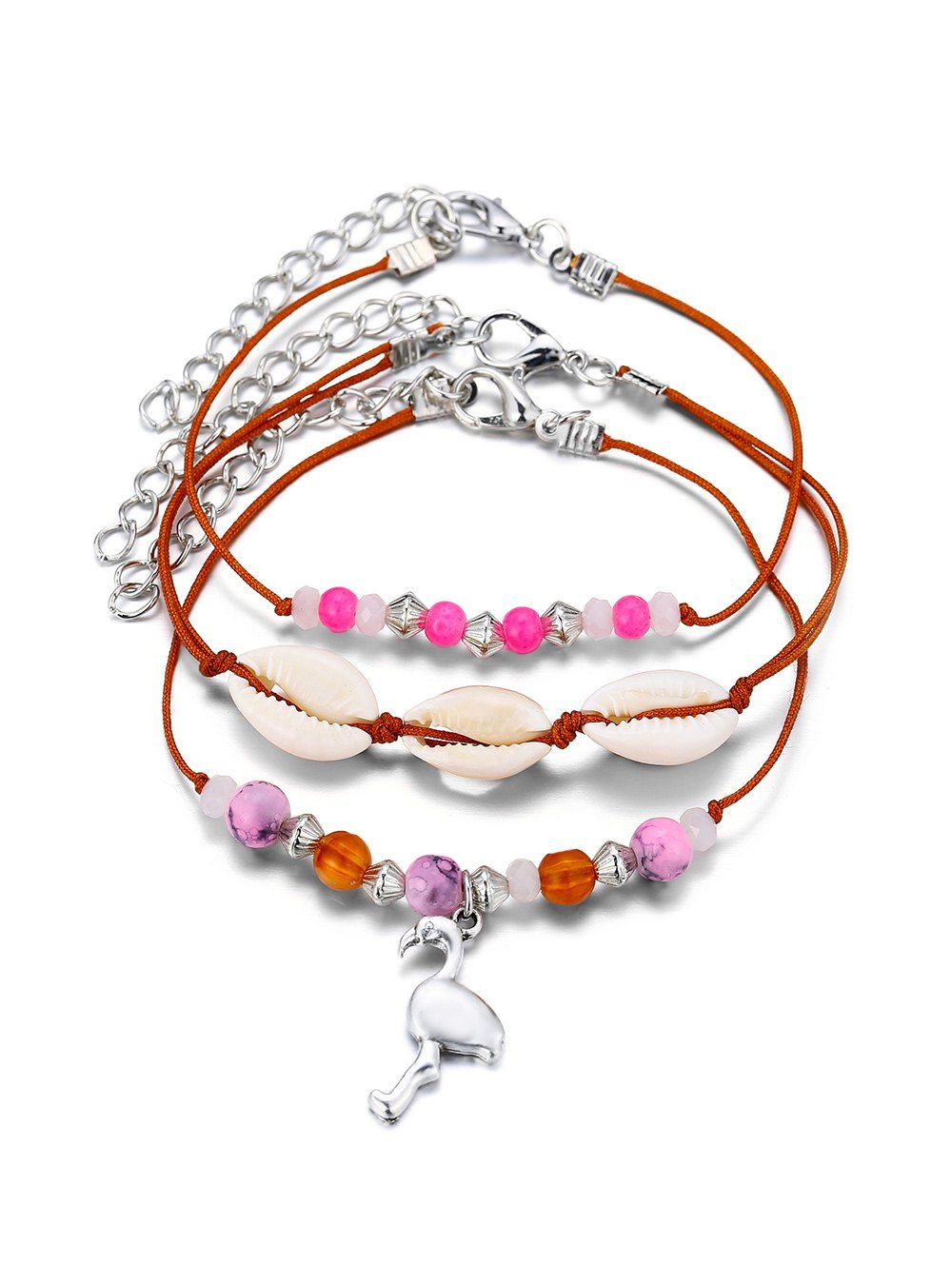 

3Pcs Beaded Cowrie Shell Animal Anklet Set, Light pink