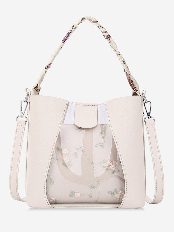 Flower Embroidered Transparent Handbag, White