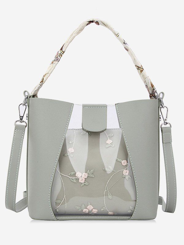 

Flower Embroidered Transparent Handbag, Dark sea green