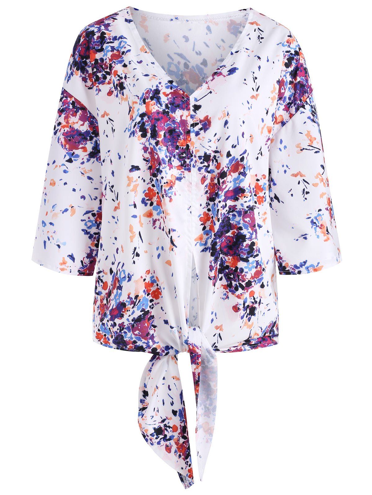 Tie Hem Printed V Neck Blouse, White
