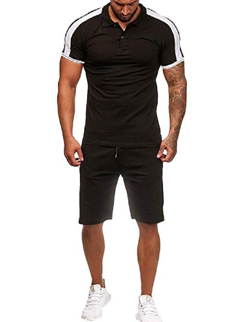 

Contrast Shirt Collar Tee and Shorts, Black