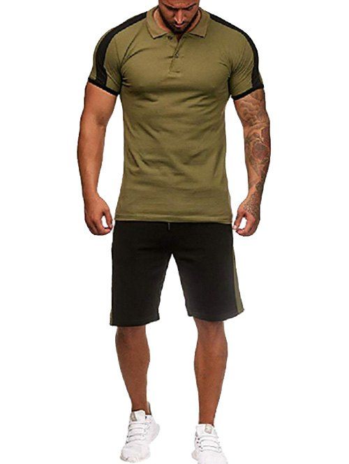 Contrast Shirt Collar Tee and Shorts, Army green