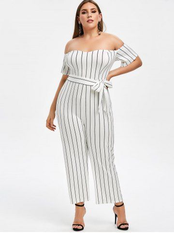 

Rosegal Plus Size Off Shoulder Striped Belted Jumpsuit, White