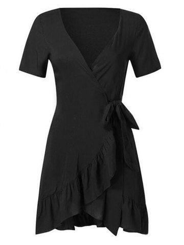 

Plunge Flounce Short Wrap Dress, Black