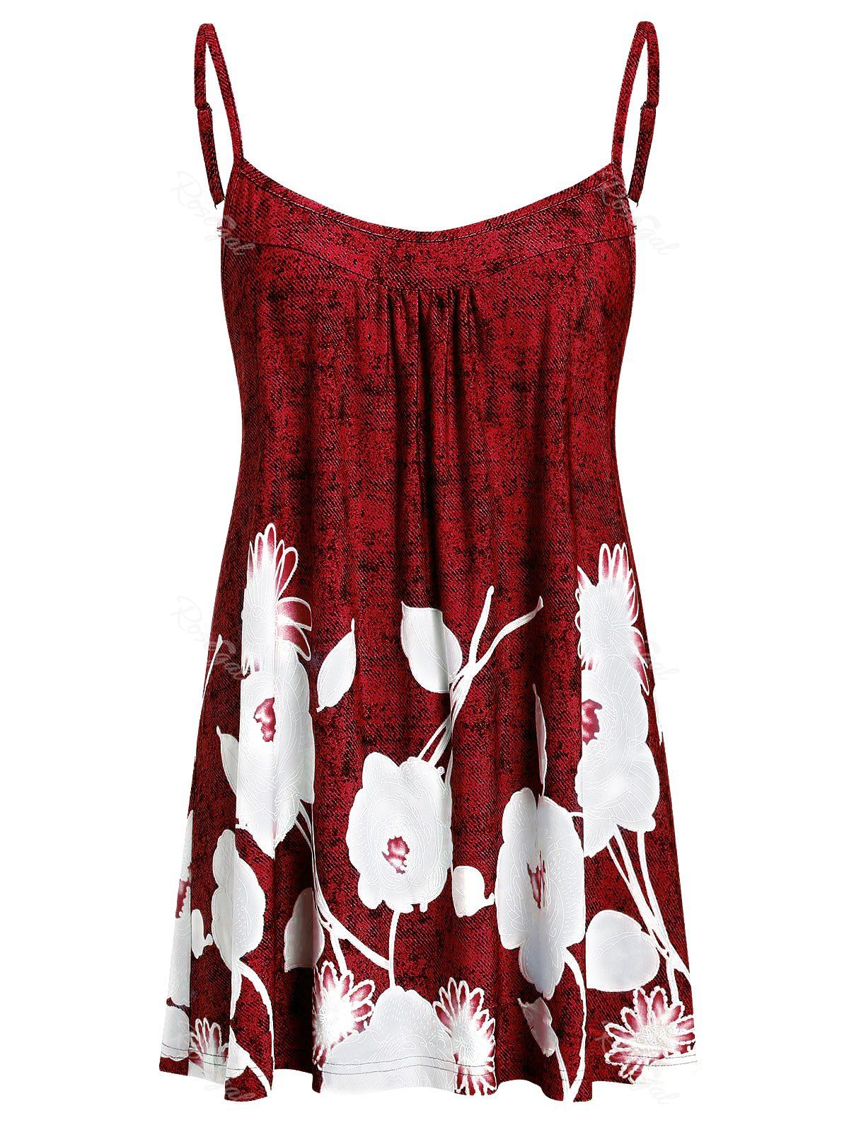 

Plus Size Spaghetti Strap Floral Print Tank Top, Red wine