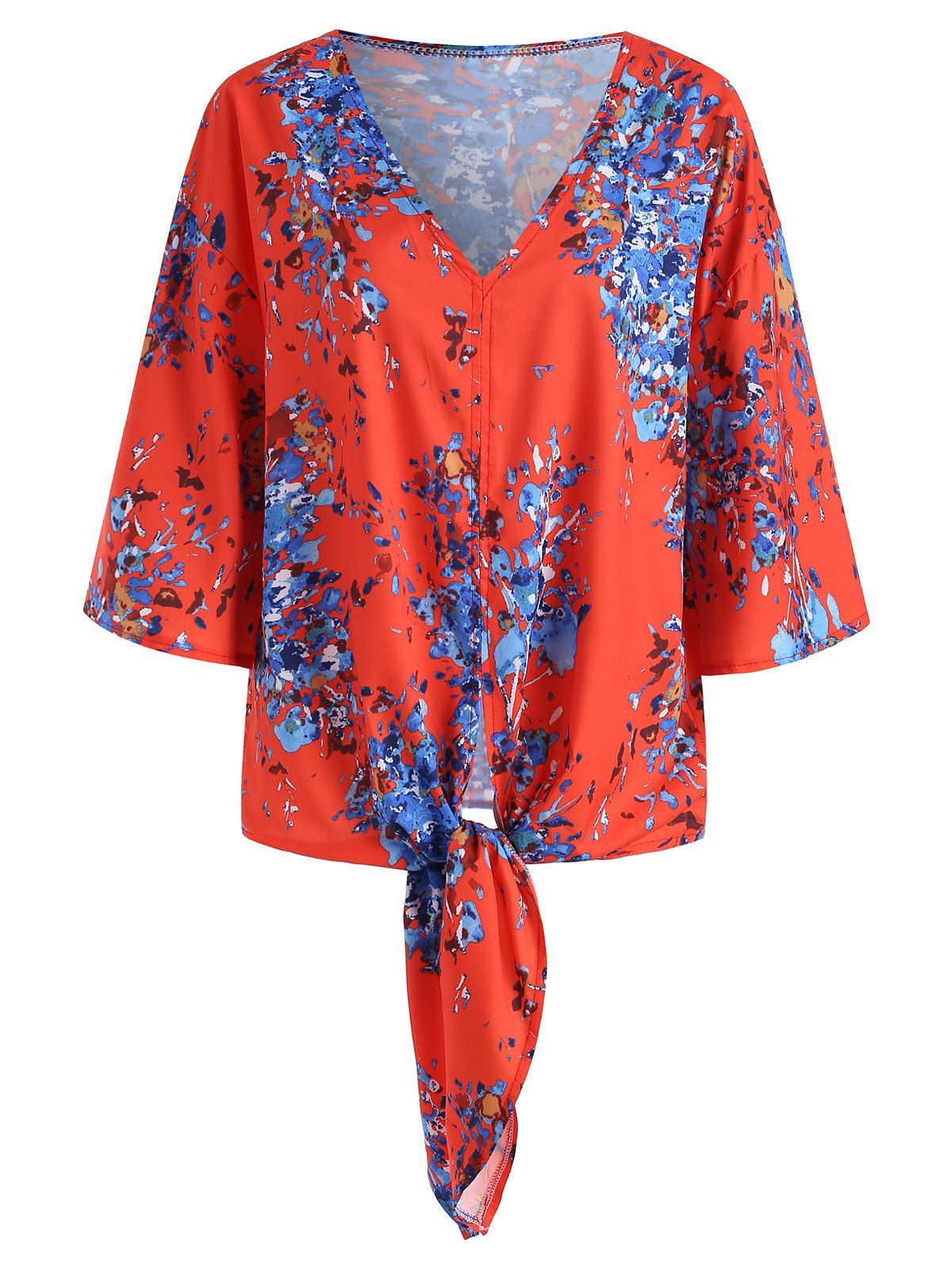 

Tie Hem Printed V Neck Blouse, Red