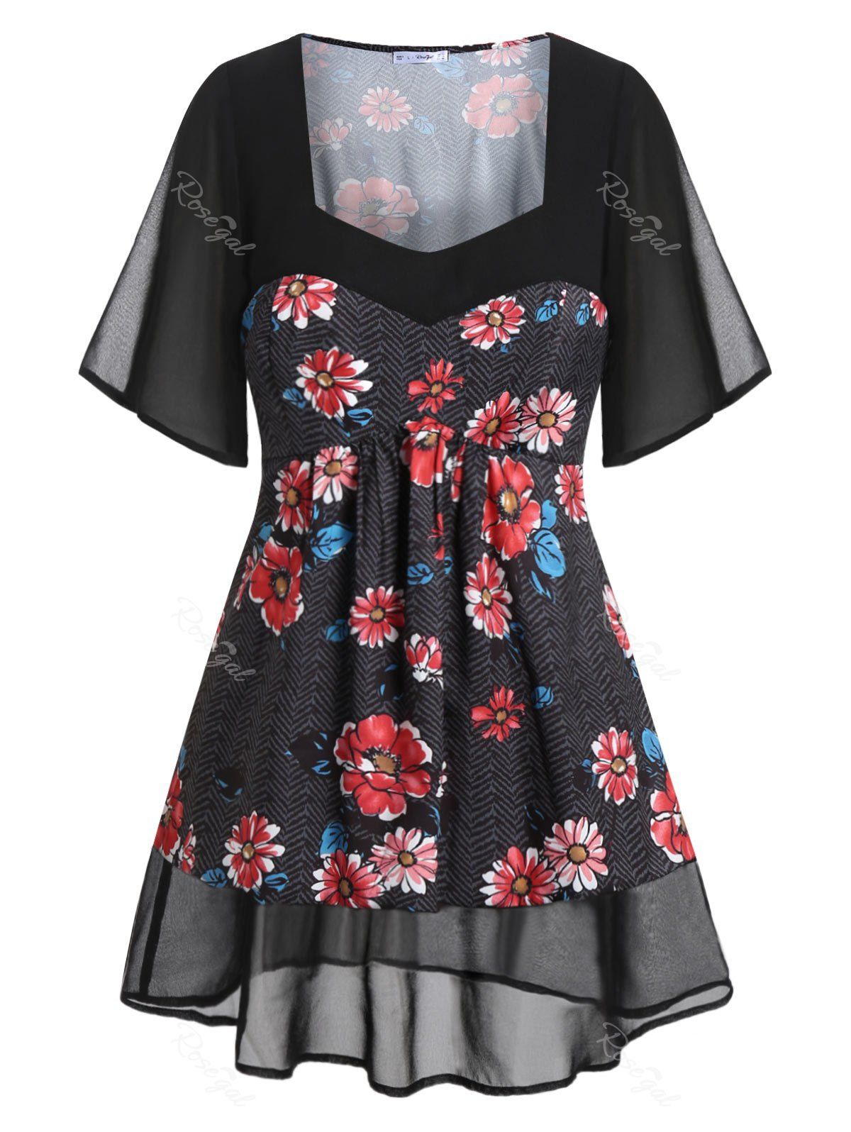 Plus Size Sweetheart Neck Spliced Floral Blouse, Black