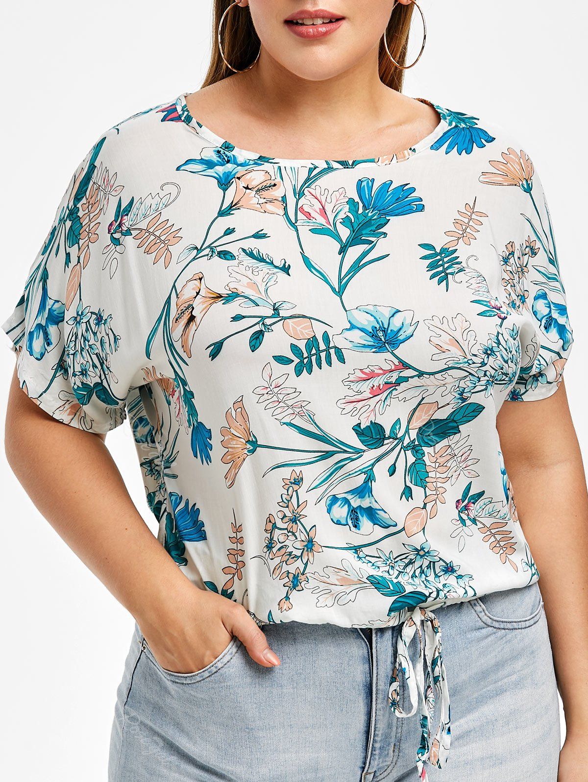 

Plus Size Drawstring Flower Print Blouse, White