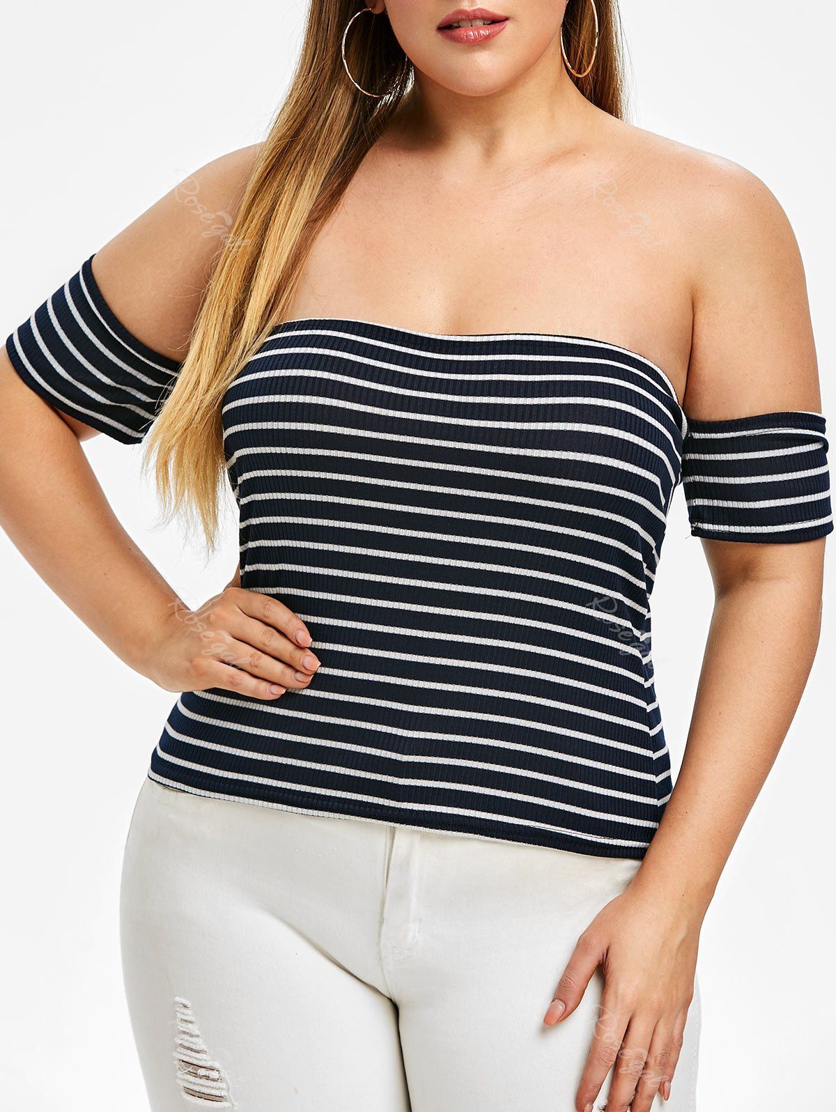 Plus Size Off Shoulder Striped Knit Tee, Dark slate blue