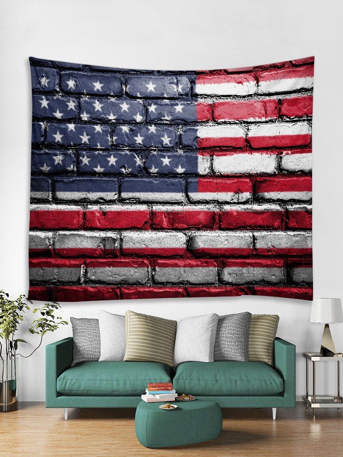 

American Flag Brick Wall Print Tapestry Wall Hanging Art Decoration, Red wine