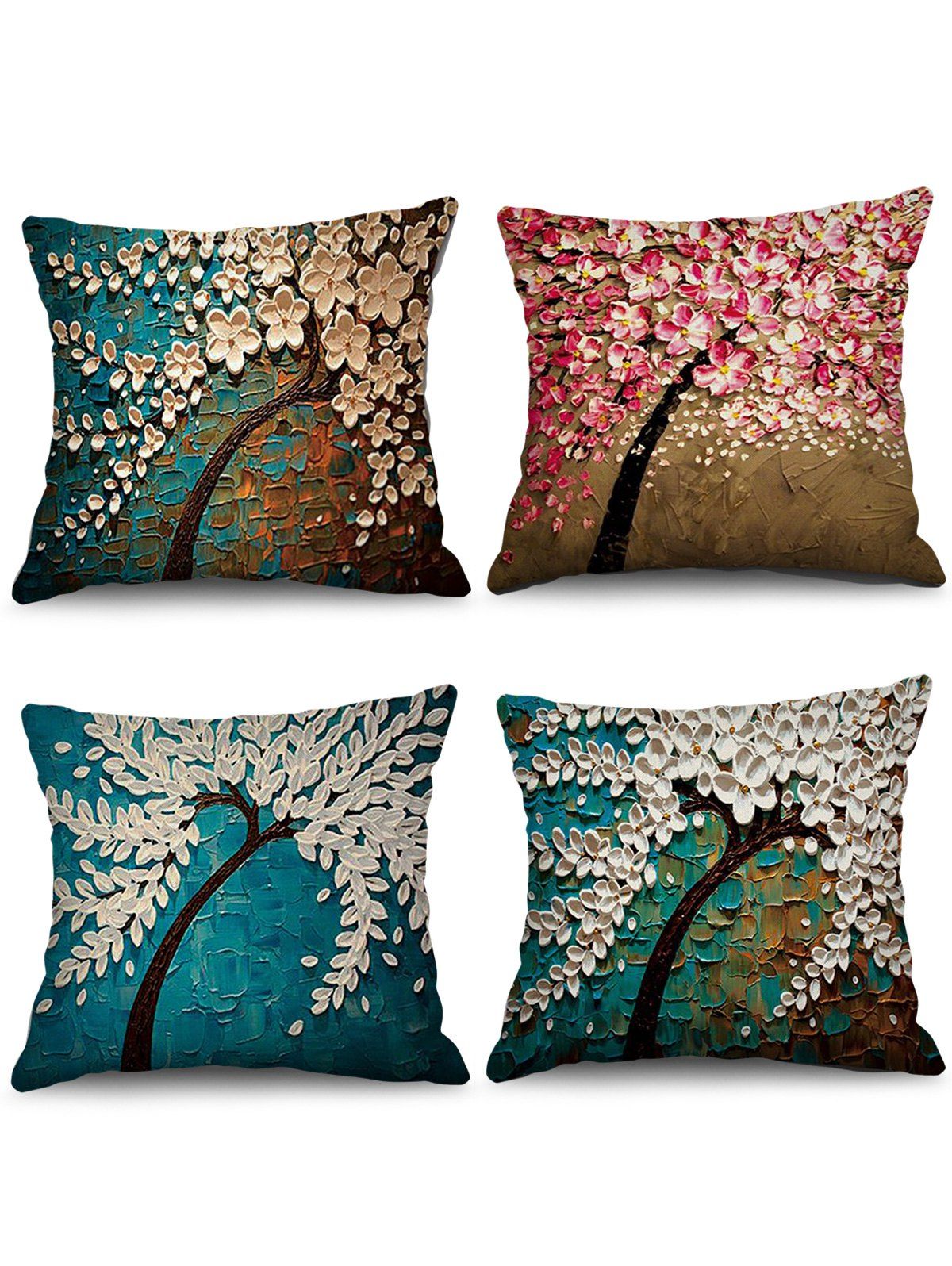 

4 Pcs Flower Tree Painting Theme Decorative Pillowcases, Multi-a