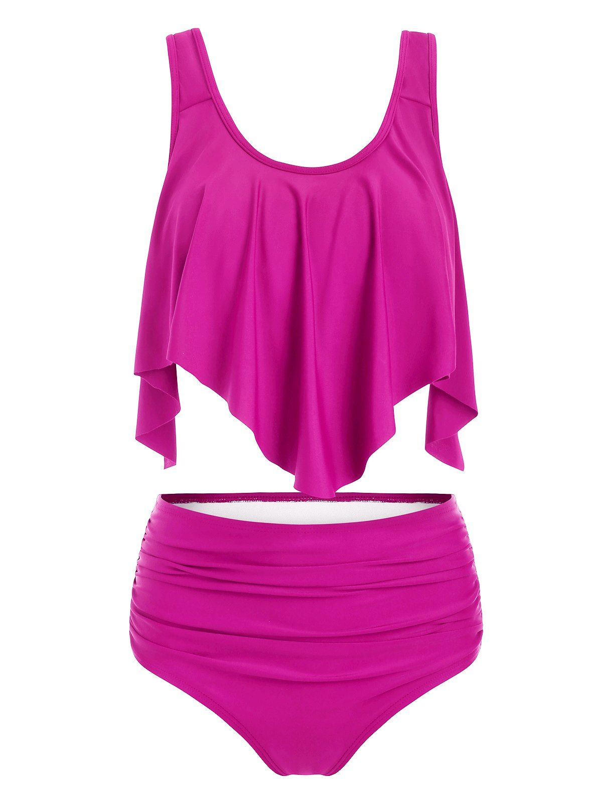 

Flounces Layered Solid Tankini Set, Neon pink