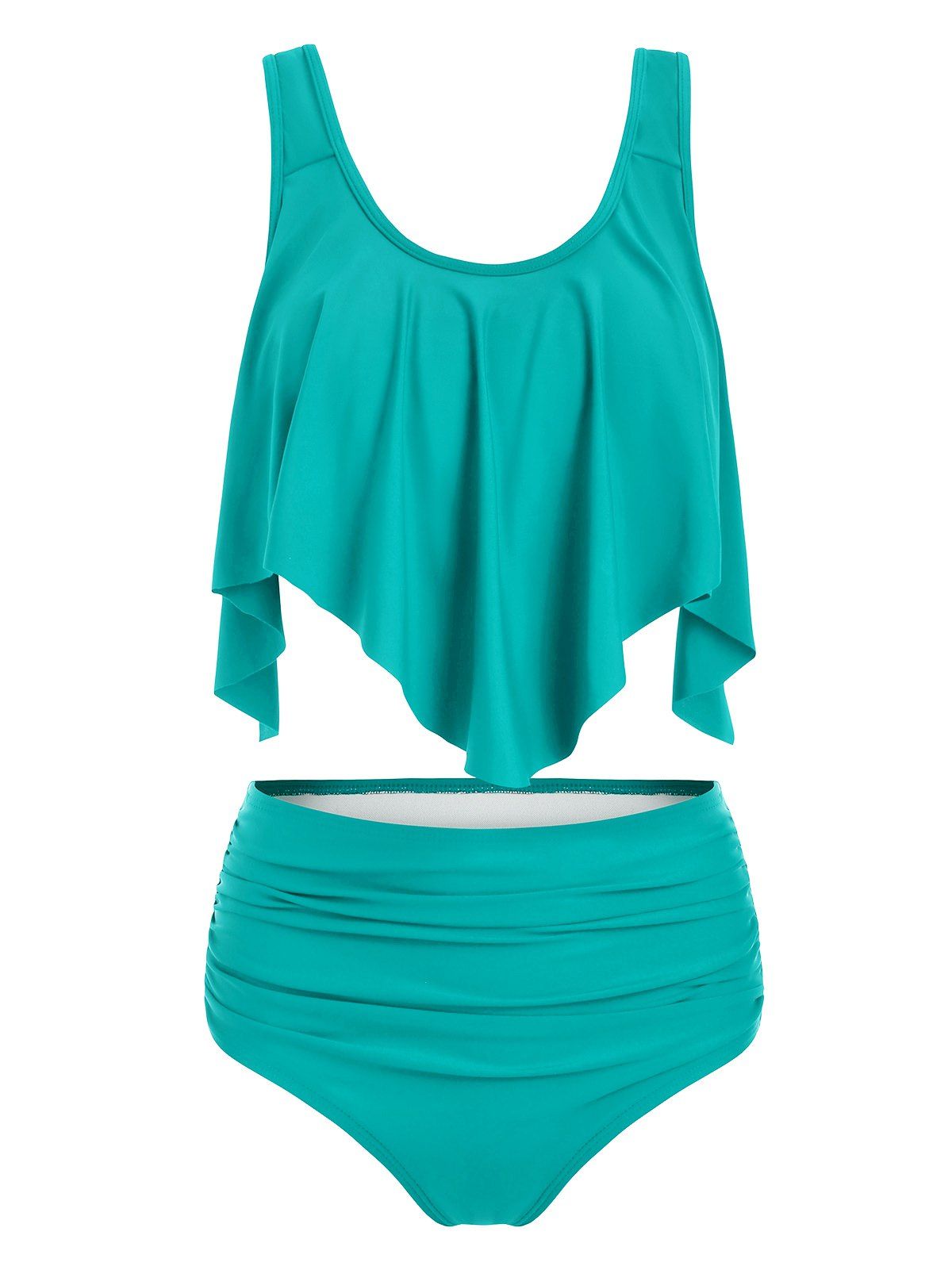 

Flounces Layered Solid Tankini Set, Medium turquoise