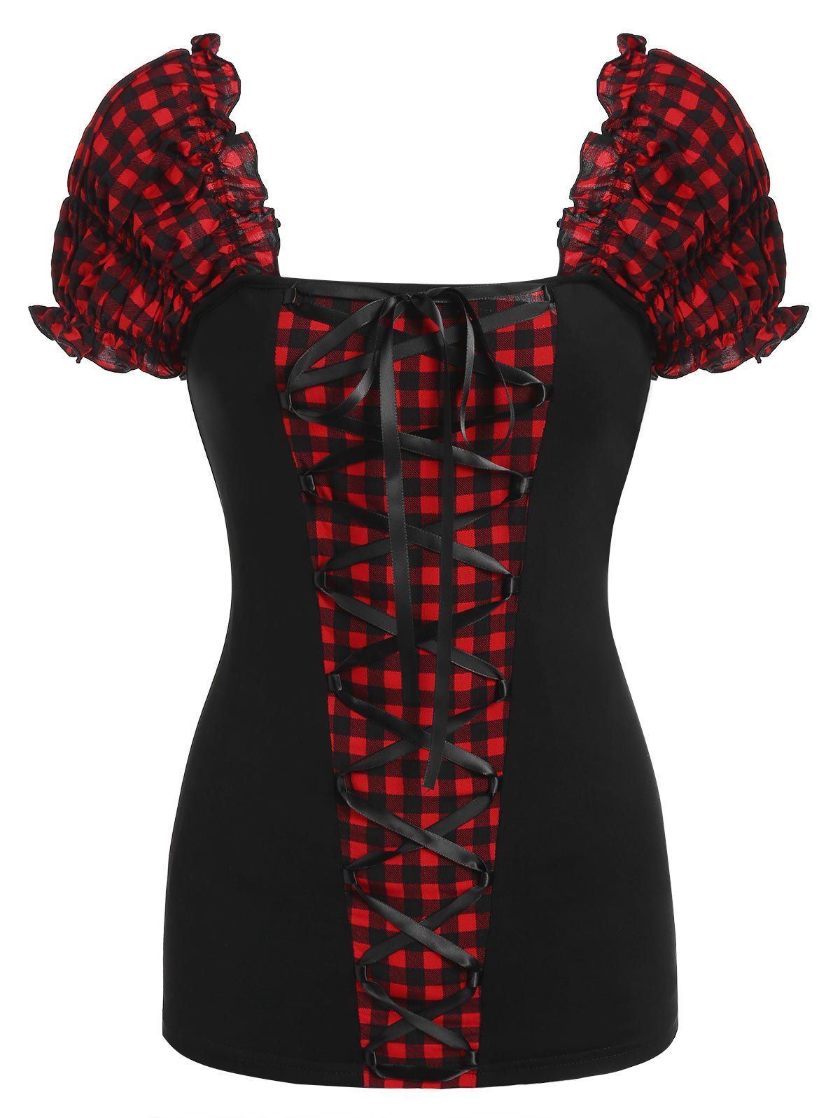 

Puff Sleeve Lace Up Plaid T-shirt, Multi-b