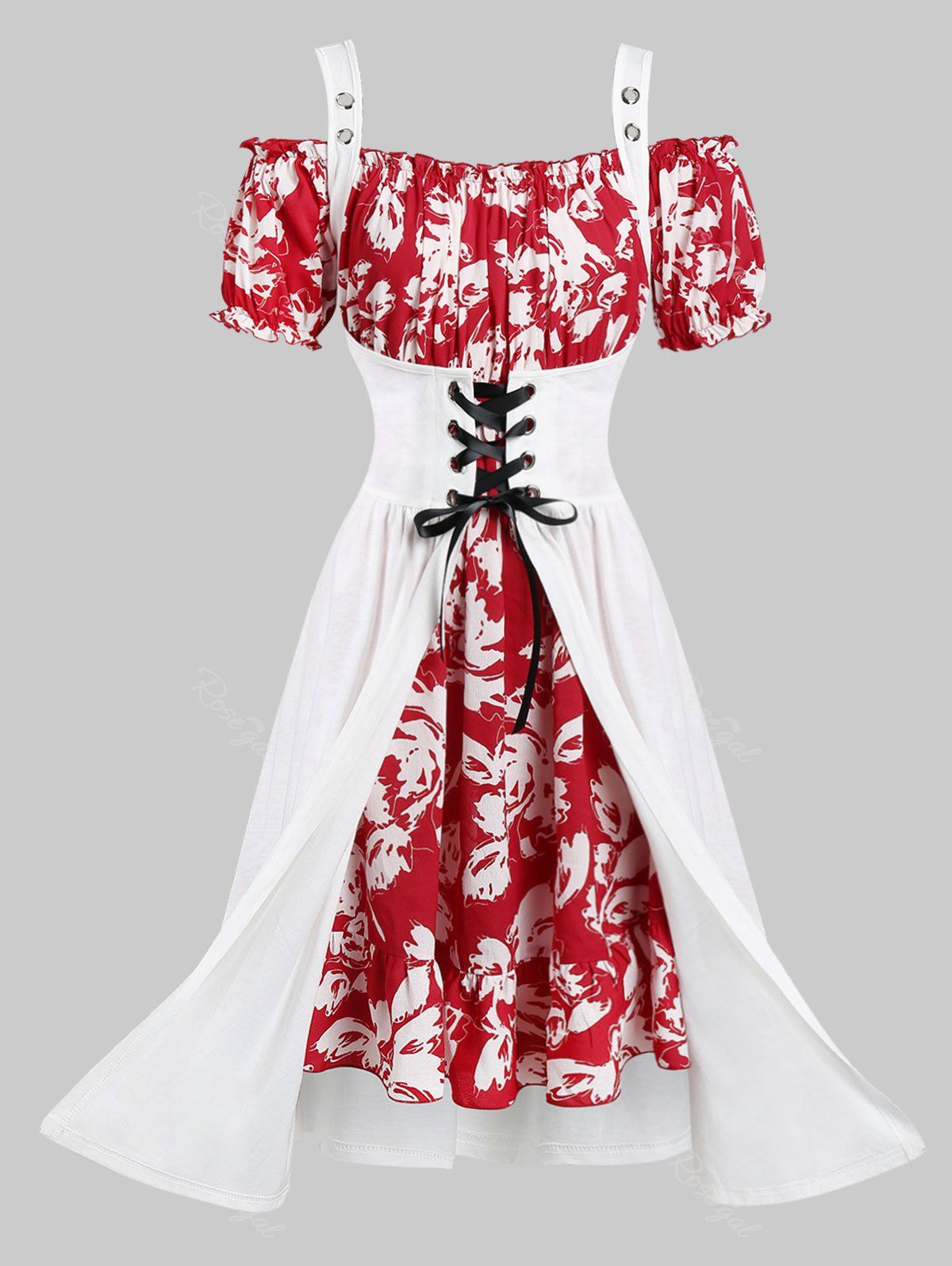 Wine Off Shoulder Floral Dress with Split