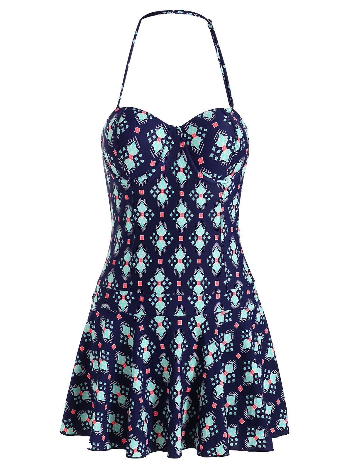 

Printed Halter Padded Skirted Swimsuit, Cadetblue