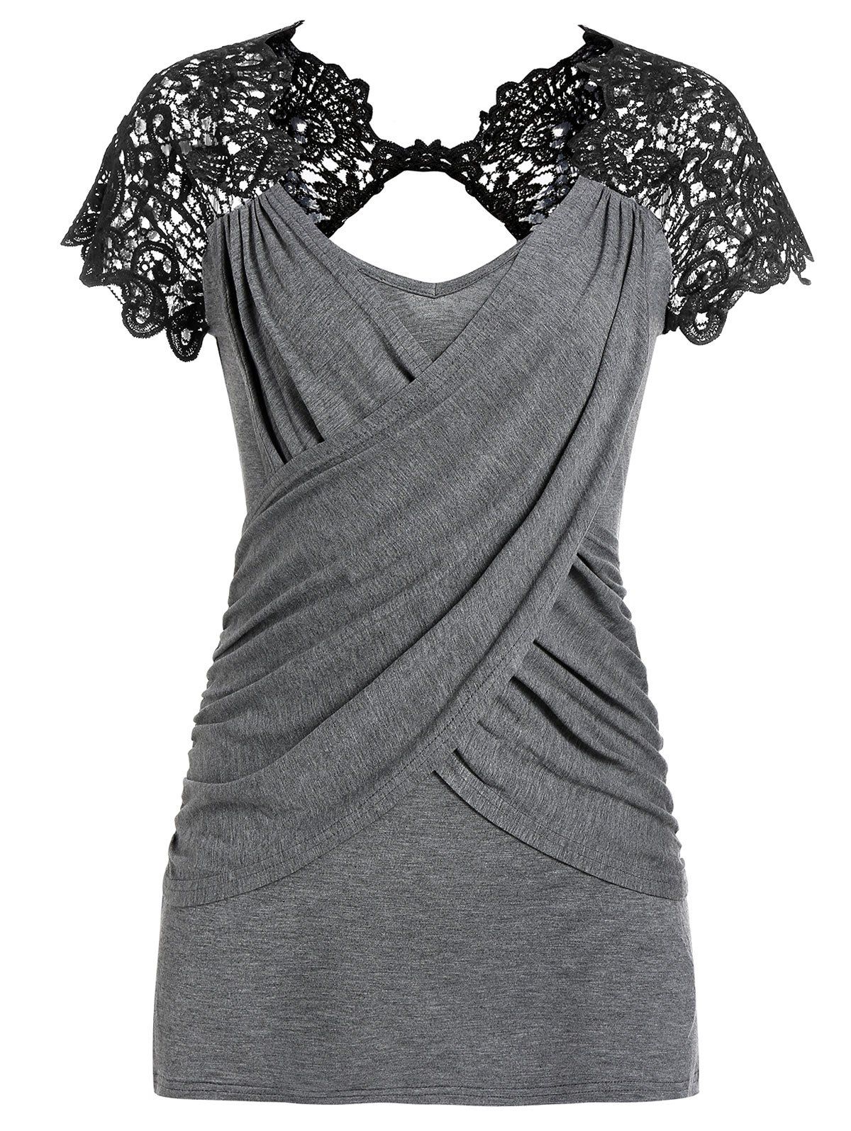 

Lace Panel V Neck Wrap T Shirt, Battleship gray