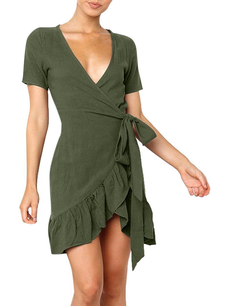 

Plunge Flounce Short Wrap Dress, Fern green