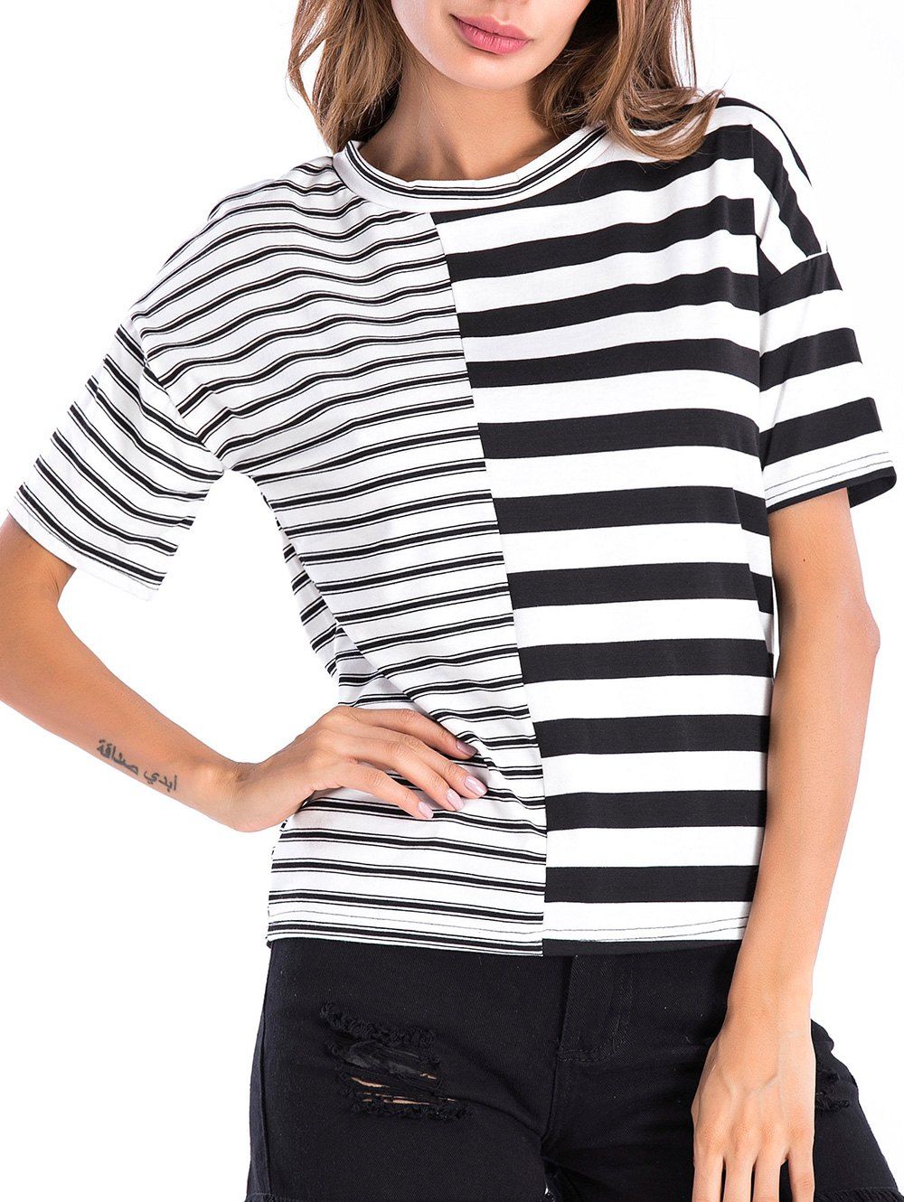 

Casual Drop Shoulder Striped T-shirt, White