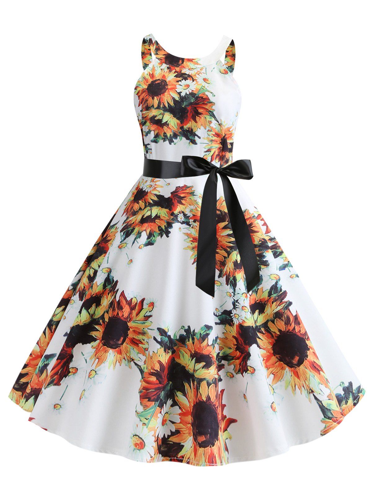 

Sunflower Print Sleeveless Dress, Multi-a