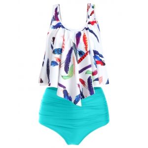 

Feather Leaf Flounce High Waisted Tankini Set, Celeste