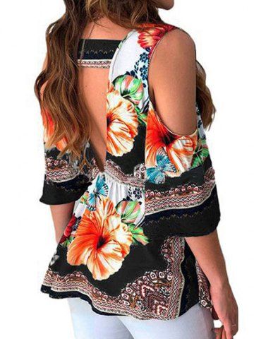 

V Neck Floral Print Cold Shoulder Blouse, Black