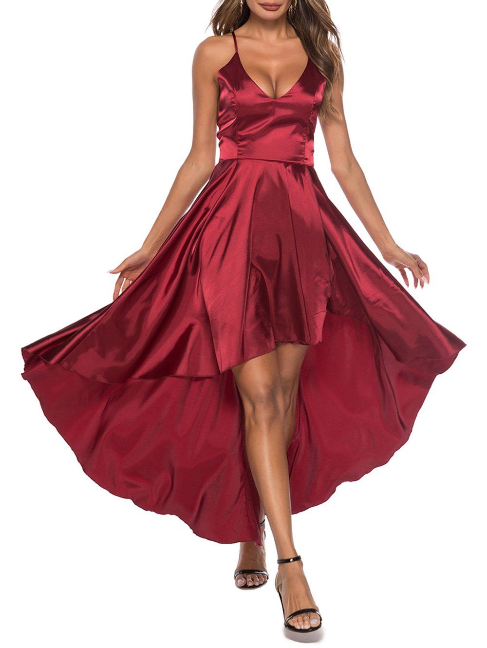 

Lace Up High Low Silky Dress, Red