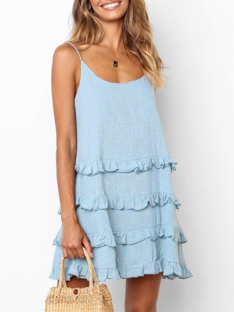 

Frill Cami Mini Straight Dress, Blue koi