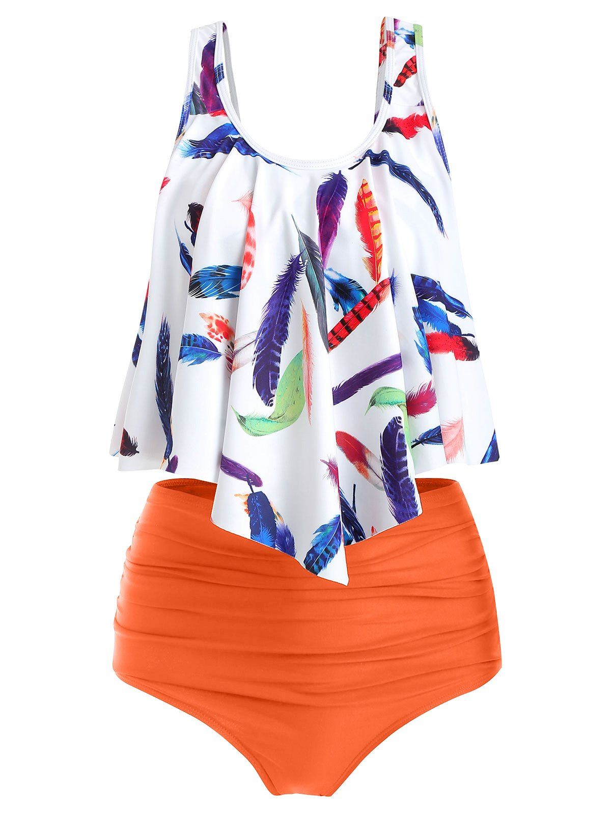 

Feather Leaf Flounce High Waisted Tankini Set, Sunrise orange