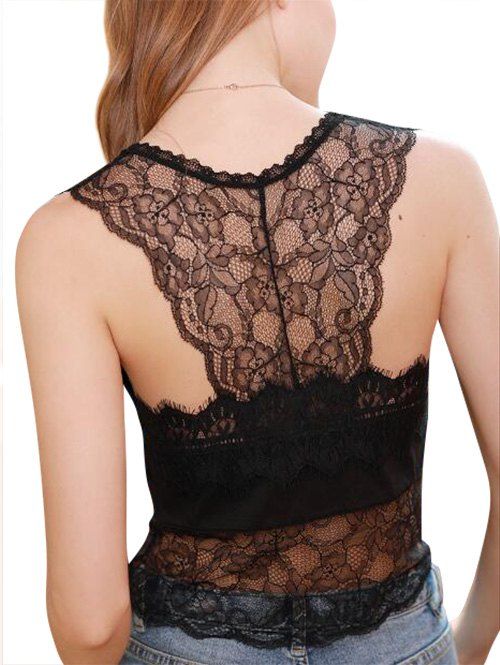 

Lace Panel Racerback Lingerie Tank Top, Black