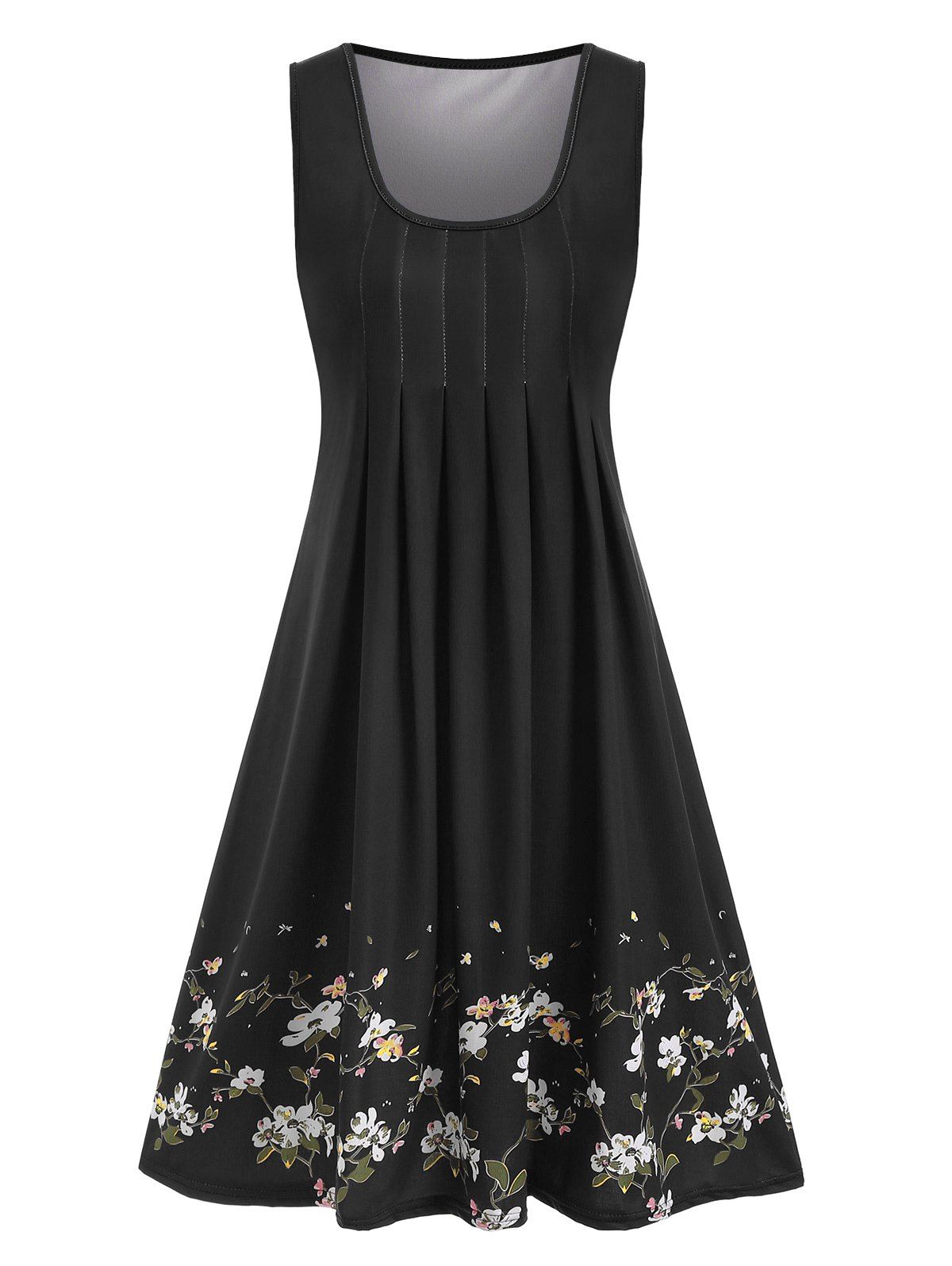 

Floral Print Pleated Sleeveless Dress, Black
