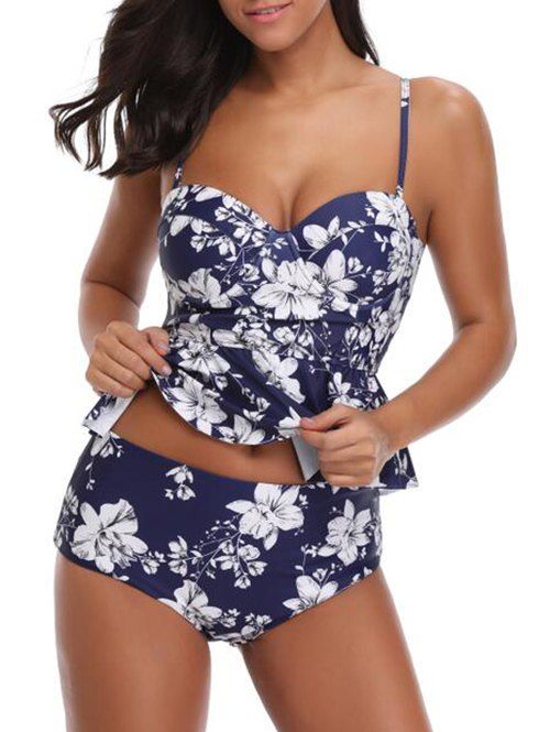 Floral Print Ruffles Padded Tankini Set, Cadetblue