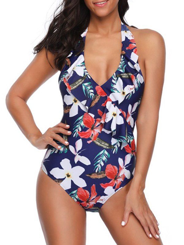 

Ruffles Floral Print Padded Swimsuit, Cadetblue