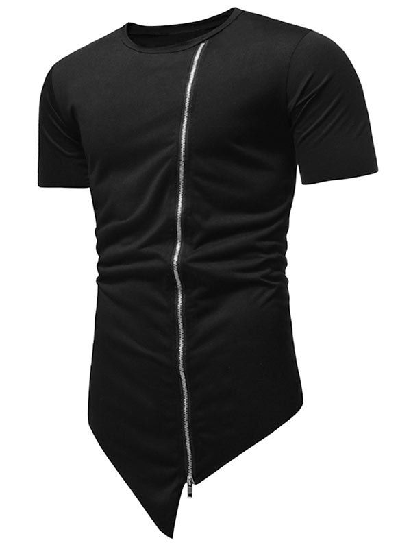 

Zipper Decoration Round Neck T-shirt, Black