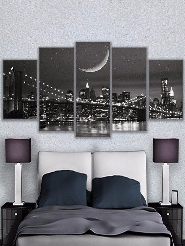 

Night City Bridge Print Unframed Split Canvas Paintings, Black