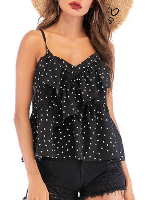 

Polka Dot Flounce Cami Top, Black