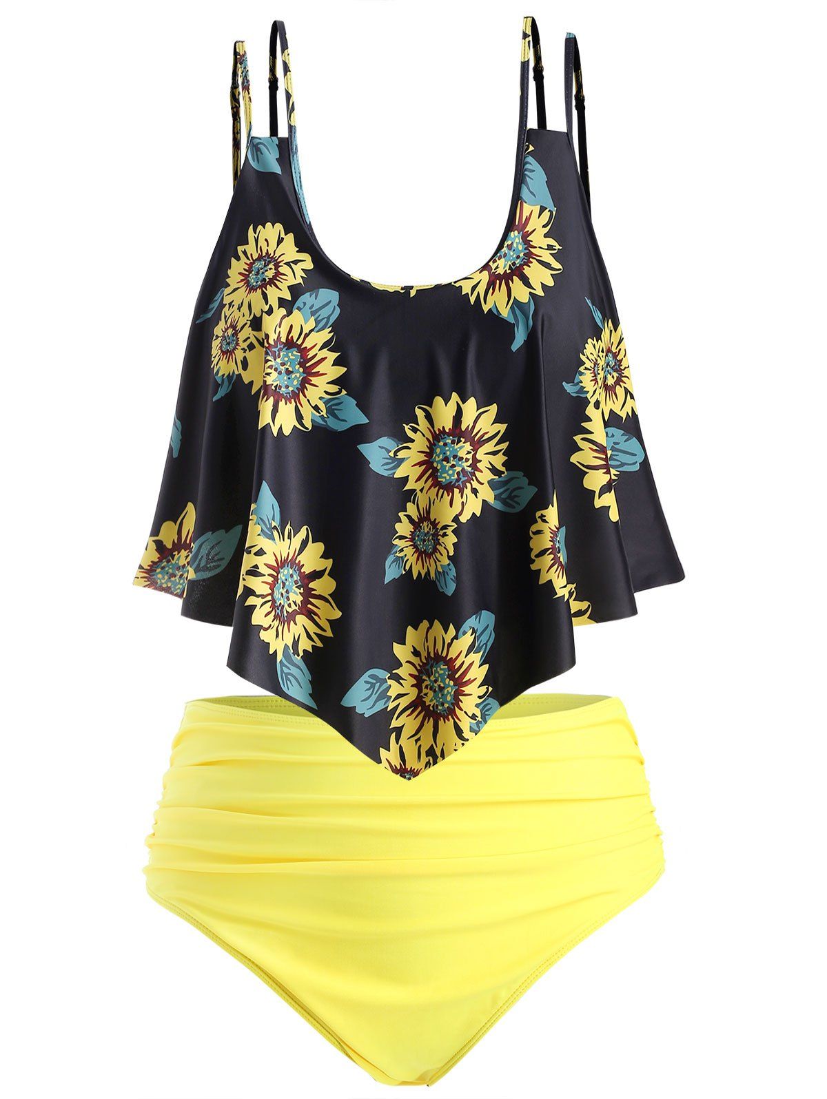 

Contrast Overlay Sunflower Plus Size Tankini Set, Night