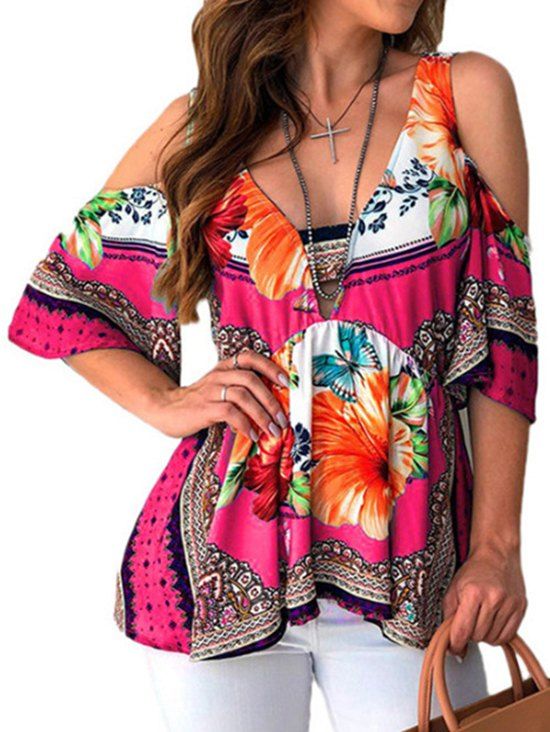 

V Neck Floral Print Cold Shoulder Blouse, Rose red