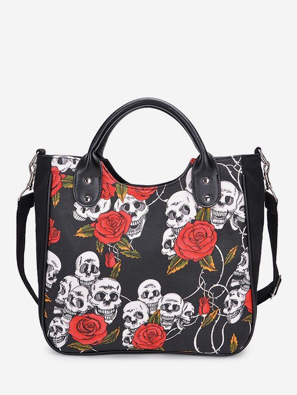 

Skull Floral Print Canvas Tote Bag, Black
