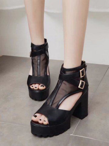 

Mesh Panel Platform Chunky Heel Pumps, Black