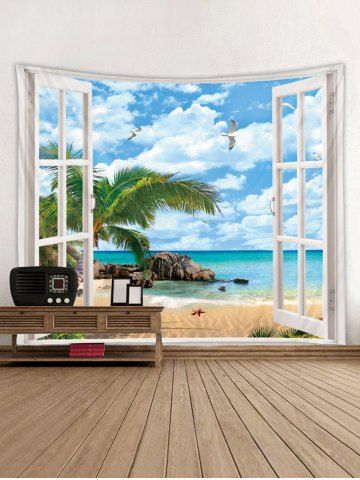 

Window Beach Palm Leaves Print Tapestry Wall Hanging Art Decoration, Deep sky blue