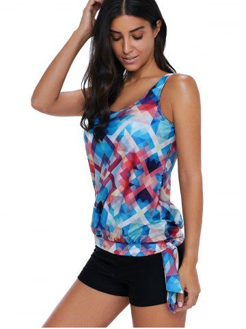 

Plaid Blouson Knotted Tankini Set, Multi