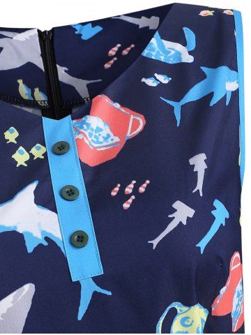 

V Neck Printed Sleeveless Belted Dress, Deep blue