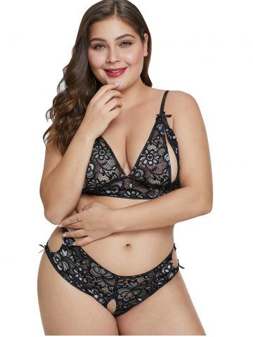 

Bowknot Cut Out Lace Plus Size Bra Set, Black