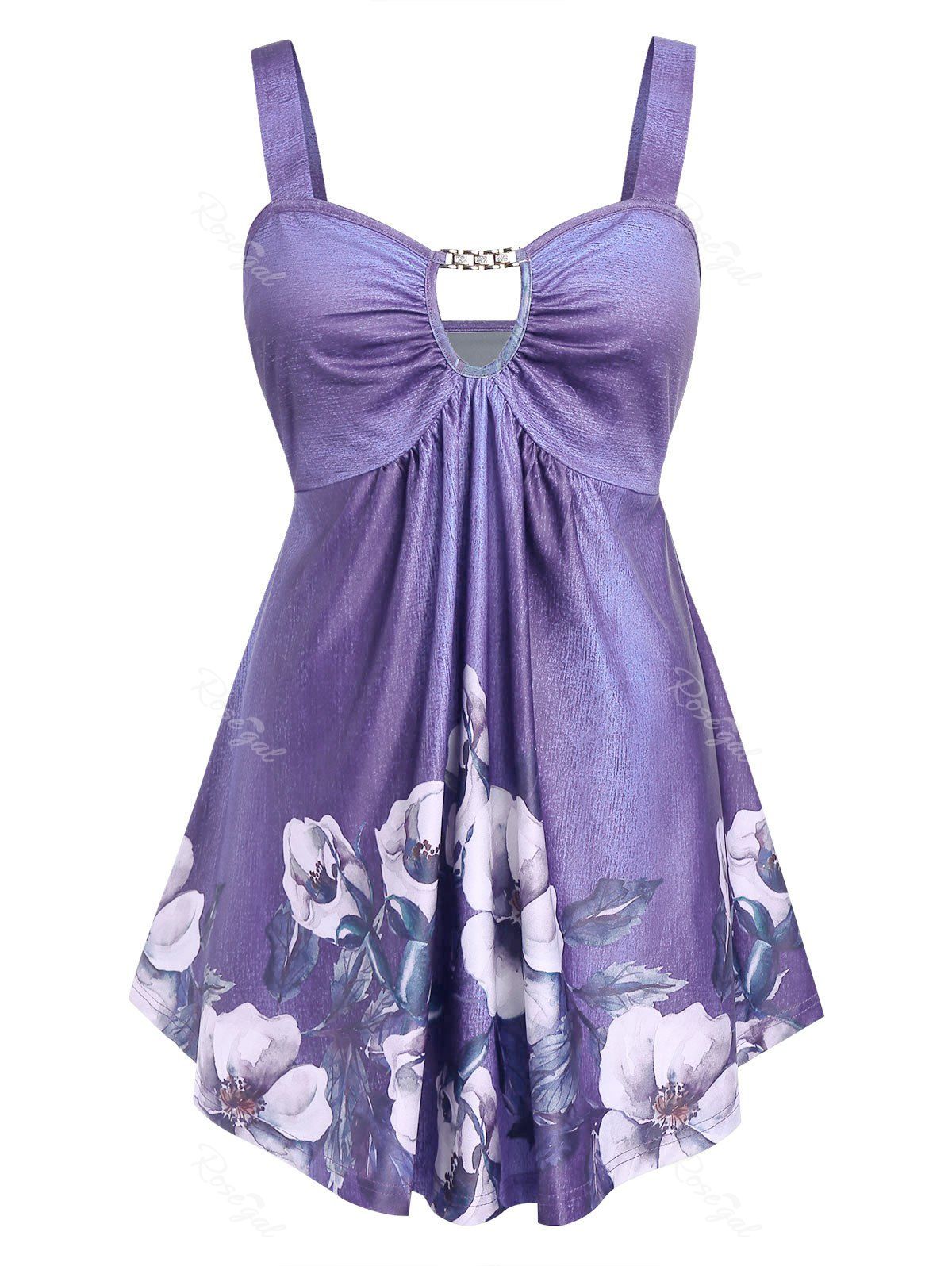 

Plus Size Cut Out Empire Waist Floral Tank Top, Lavender blue