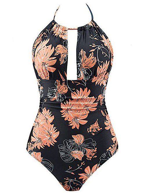 

Halter Flower Backless One-Piece Swimsuit, Black